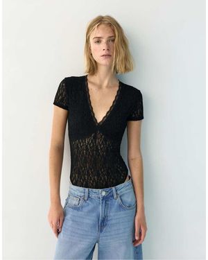 Pull&Bear Kanten Body Met Korte Mouwen - Blauw