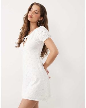 Miss Selfridge Textured Mini Dress With Keyhole And Picot Trim - White