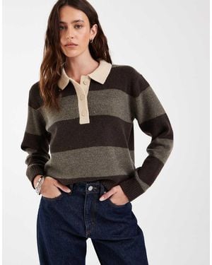 JJXX Long Sleeve Knitted Polo With Stripes - Brown