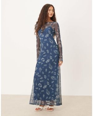 Never Fully Dressed – langärmeliges maxikleid aus netzstoff mit denim-motivdruck - Blau