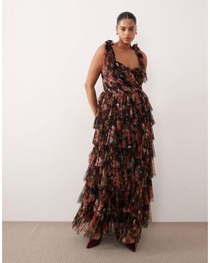 Lace & Beads Plus Bridesmaid Ophelia Bow Shoulder Tulle Maxi Dress - Brown