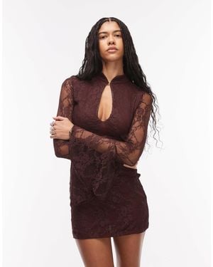 ASOS Lace Mini Flute Sleeve Dress With Mandarin Collar - Red