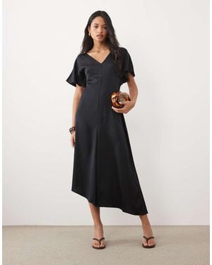 ASOS V Neck Satin Midi Tea Dress - Black