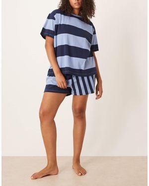 ASOS Asos Design Curve Mixed Stripe Oversized Tee And Shorts Pajama Set - Blue
