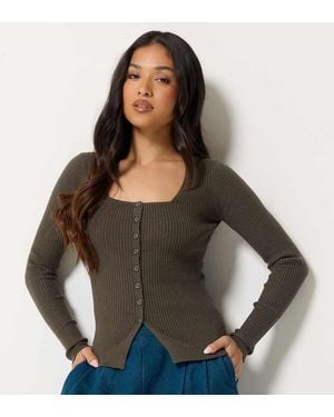 PixieGirl Petite Ribbed Button Scoop Neck Jumper - Brown