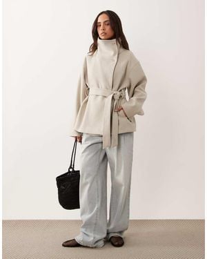 Gina Tricot Short High Funnel Neck Jacket With Wool - Natural
