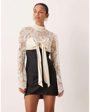 For Love & Lemons Lace And Satin Mix Long Sleeved Mini Dress Bow Bust Detail - Natural