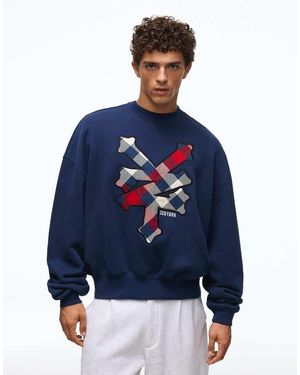 Bershka Patch Crew Neck Sweatshirt - Blue