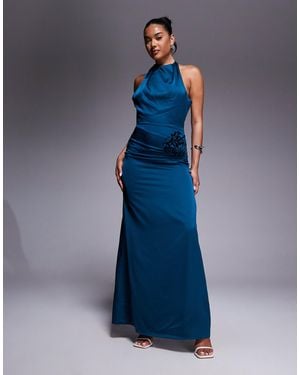 Jarlo High Neck Satin Maxi Dress With Corsage Detail - Blue