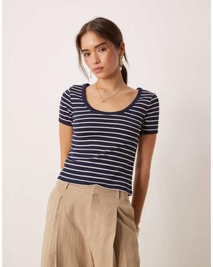 Mango Cotton Cropped Round Neck Striped Baby Tee - Blue