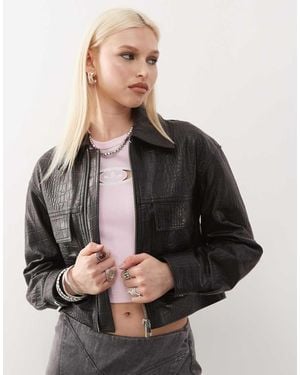 Barneys Originals Real Leather Croc Print Jacket - Black