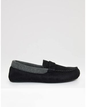 Threadbare Faux Suede Trim Moccasin Slippers - Black