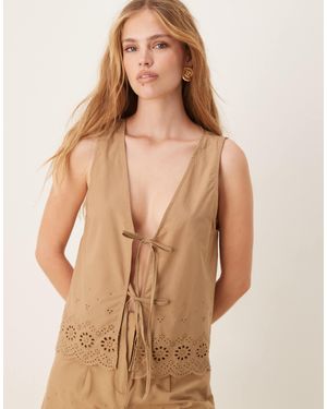 Vila Cutwork Embroidered Poplin Tie Front Vest Co-ord - Natural