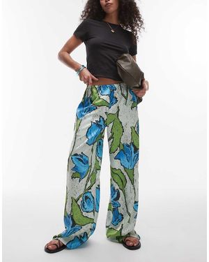 TOPSHOP And Blue Floral Pull On Satin Wide Leg Trouser