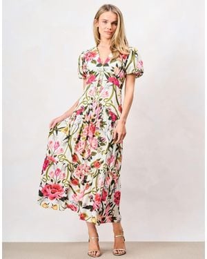 Hope & Ivy Angie Printed Puff Sleeve V-Neck Tiered Midi Dress - Pink
