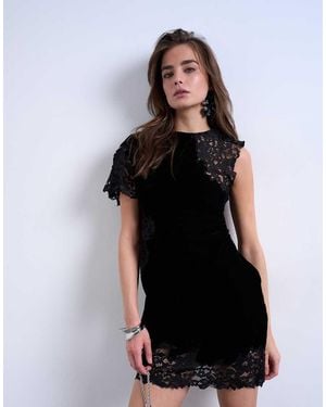 TOPSHOP Lace Insert Grown On Shoulder Velvet Mini Dress - Black