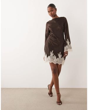 TFNC London Satin Slash Neck Long Sleeve Lace Detail Mini Dress - Natural