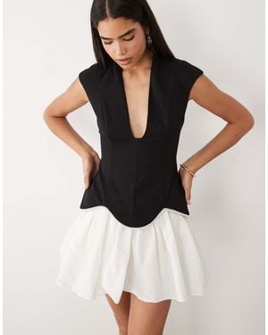 ASOS Plunge Mini Dress With Tulle Skirt And Pearl Detail - Black