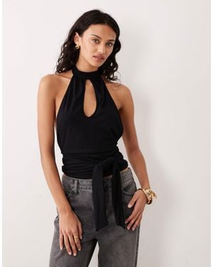 Motel Verbina Keyhole Halter Tie Waist Top - Black