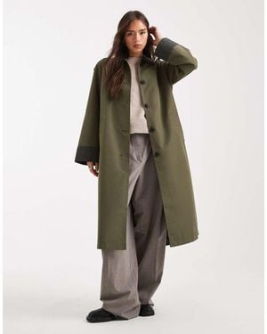 Vero Moda Contrast Collar Button Down Trench Coat - Green