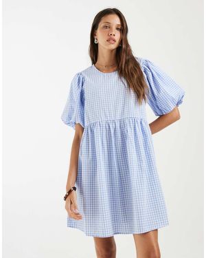 Pieces Vestito Corto E Bianco A Quadretti Con Maniche Voluminose - Blu