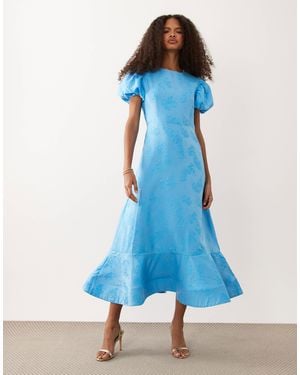 Sister Jane Jacquard Puff Sleeve Structured Hem Midi Dress - Blue