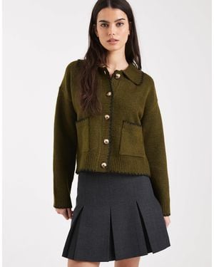 New Look Blanket Stitch Collared Cardigan - Green