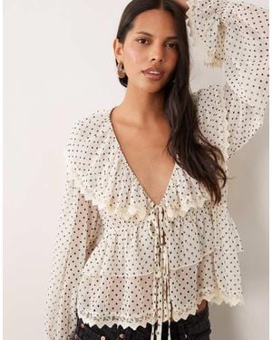 Miss Selfridge Chiffon Ruffle Tie Front Blouse - Natural
