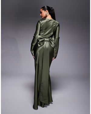 DASKA Vestido Largo Con Lazo Extragrande En La Espalda De Satén De -Verde - Gris