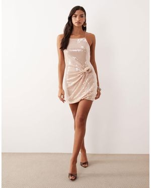 ASOS Sequin Mini Dress With Corsage Detail - Natural