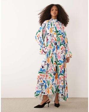 Iyal High Neck Cuff Sleeve Detail Floaty Maxi Dress - Blue