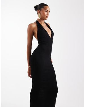 Wanderdoll Phe Sculpting Second Skin Halterneck Plunge Bodycon Maxi Dress - Black