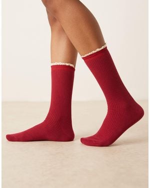 ASOS Chaussettes côtelées à bordure crochetée contrastante - bordeaux - Rouge