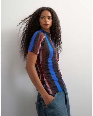 TOPSHOP Mesh Stripe Ruched Sleeve Top - Blue