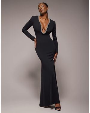Goddiva Diamante Embellished Neck Bodycon Maxi Dress - Black
