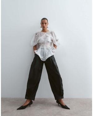 ARRANGE Leni Premium Leather Barrel Leg Cargo Trousers - White