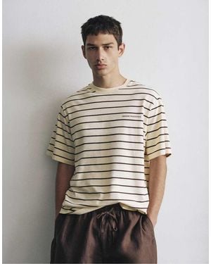 Pull&Bear Striped Slogan T-shirt - Natural