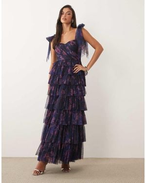 LACE & BEADS Bridesmaid Tulle Bow Shoulder Maxi Dress - Blue