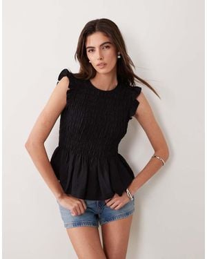 New Look Shirred Ruffle Sleeve Top - Black