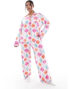 Loungeable Curve Christmas Super Soft Jersey Camp Collar Top And Wide Leg Pants Pajama Set - White