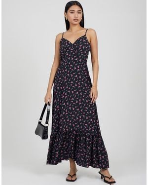 Brave Soul Strappy Floral Maxi Dress With Tie Back Detail - Blue