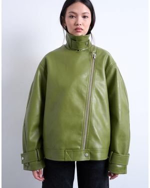 TOPSHOP Blouson style motard en similicuir à col cheminée - Vert