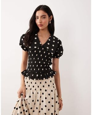 Glamorous Shirred Top With Puff Sleeves And Collar - Black