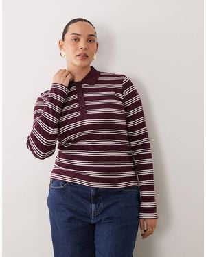 Brave Soul Brave Soul Curve Long Sleeve Ribbed Polo Top - Red