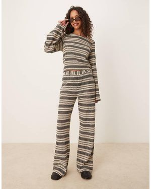ASOS Co-Ord Stripe Crochet Stitch Flared Trousers - Natural