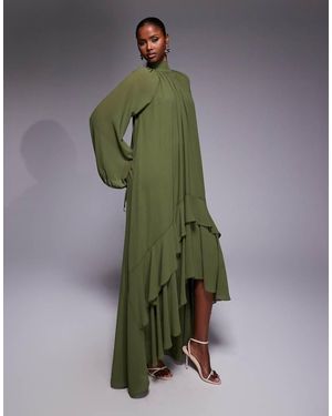 TFNC London Chiffon Balloon Sleeve Ruffle High Low Hem Maxi Dress - Green