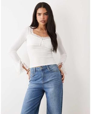 Fashionkilla Exclusive Cotton Rich Lace Trim Ruched Front Flare Sleeve Top - Blue