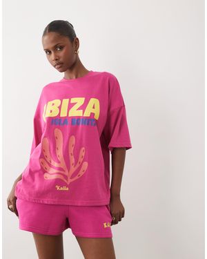 Kaiia Cotton Rich Ibiza Graphic Oversized T-Shirt Co-Ord - Pink