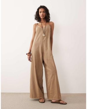 ASOS Mono Vaquero Largo Color Moca De Pernera Ancha De Tejido Suave-Marrón - Neutro