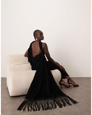 ARRANGE Scarf Neck Draped Velvet Maxi Dress With Low Back And Train - Black